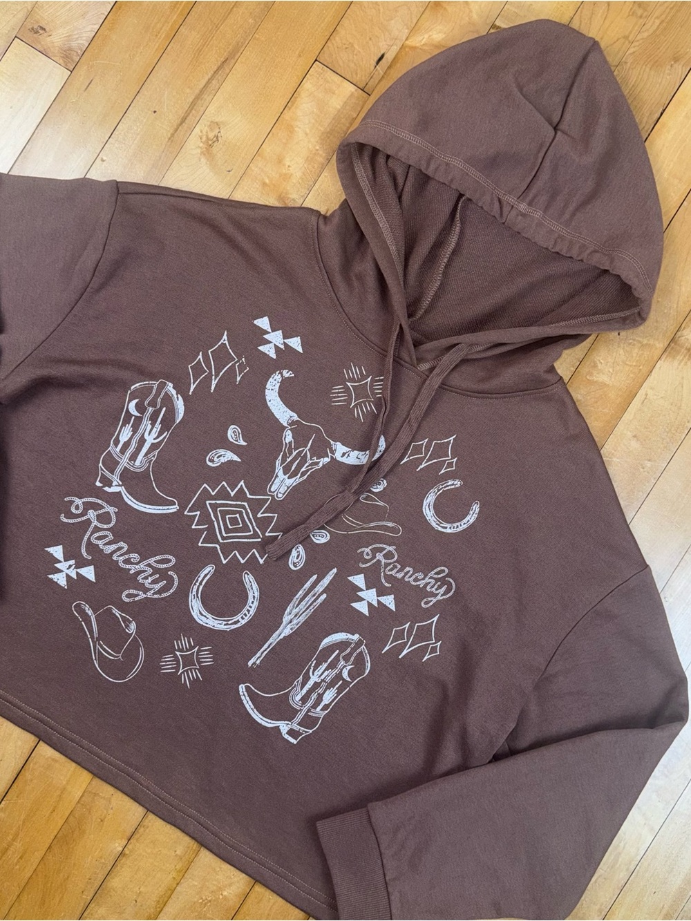 Rock & Roll Denim Women’s Ranch Western Graphic Cropped Hoodie Brown Large